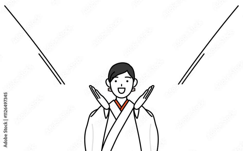 口に手を当てて呼び込みをする神社の巫女、白衣と緋袴