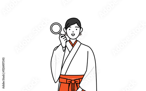 虫メガネを持って腰に手を当てる神社の巫女、白衣と緋袴