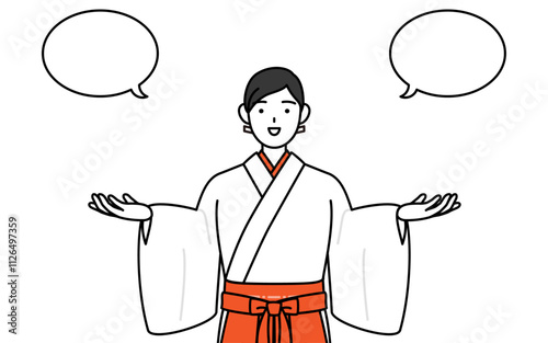 比較をする神社の巫女、白衣と緋袴、ふきだしつき