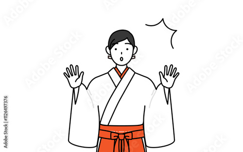 驚いて手を上げる神社の巫女、白衣と緋袴