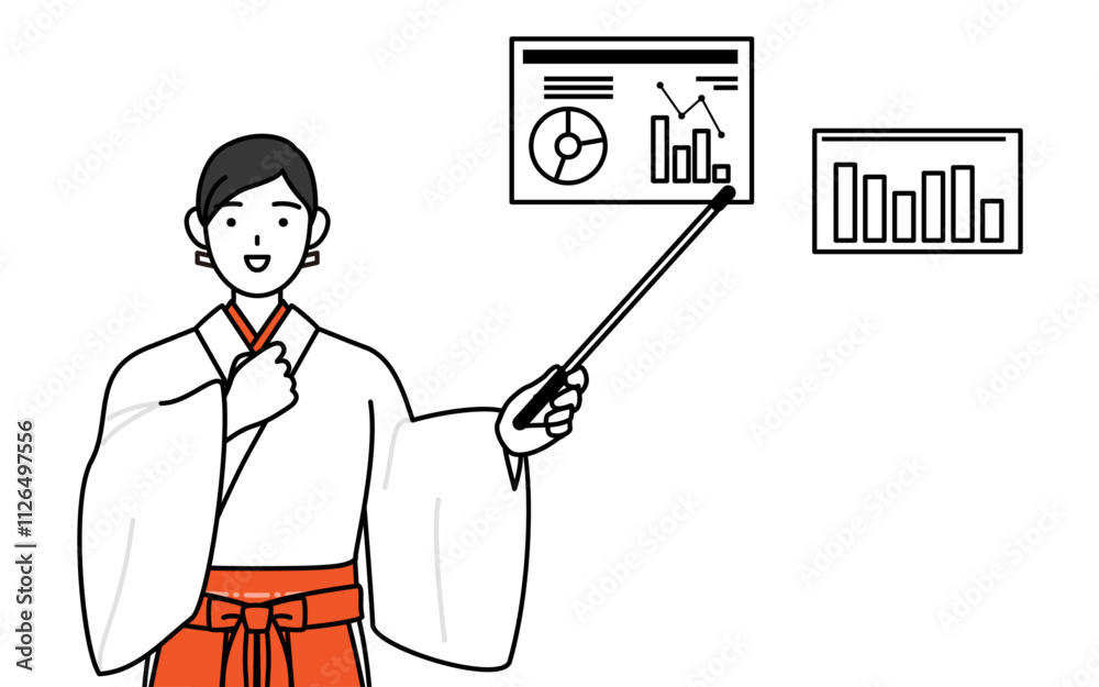 業績グラフを分析するす神社の巫女、白衣と緋袴