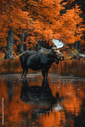 Majestic moose standing in a marshy pond, autumn forest background photo