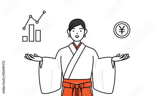 DXのイメージ、業績と売上の向上を案内する神社の巫女、白衣と緋袴
