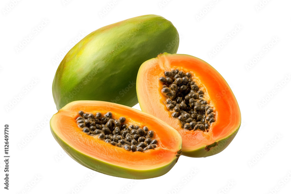 Half-cut ripe papaya showcasing orange flesh and black seeds, isolated on clean transparent white background Half-cut ripe papaya showcasing orange flesh and black seeds, isolated on clean transparent white background