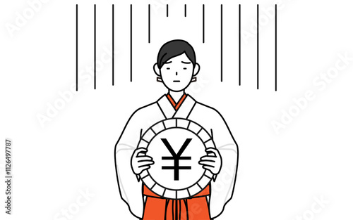 為替差損や円安のイメージ、神社の巫女、白衣と緋袴