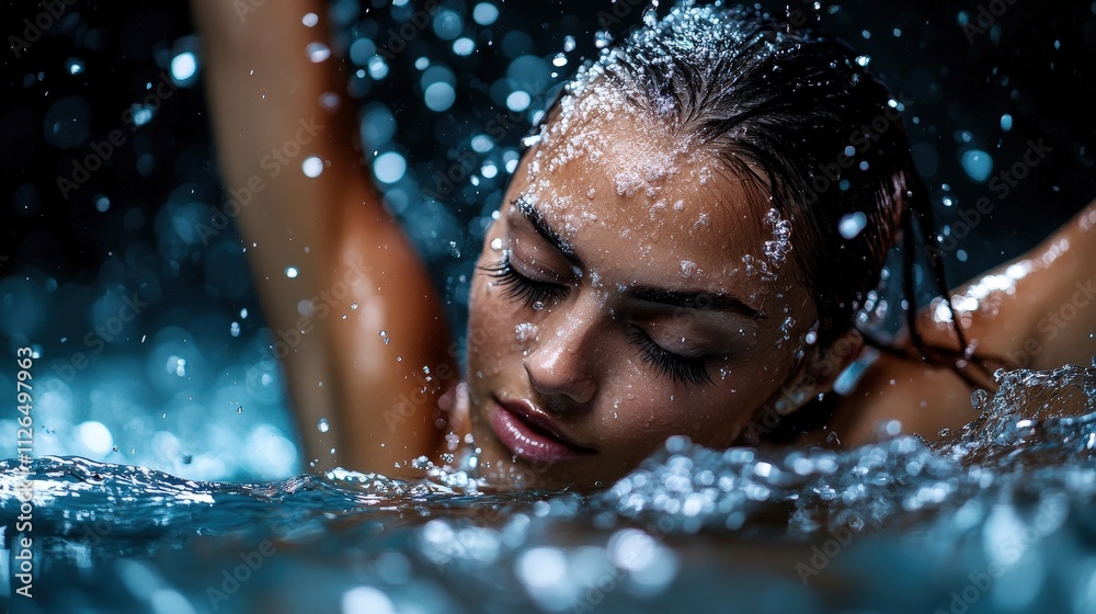 Obraz premium A stunning portrait of a girl swimming gracefully through water, capturing a moment of pure bliss as water droplets cascade around her, highlighting elegance and freedom.