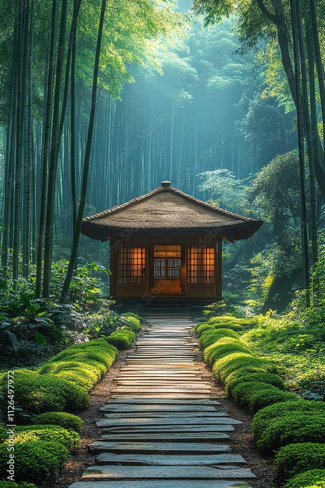 Serene bamboo forest with path and pavilion, soft sunlight, lush greenery, tranquil atmosphere, wideangle Serene bamboo forest with path and pavilion, soft sunlight, lush greenery, tranquil atmosphere, wideangle
