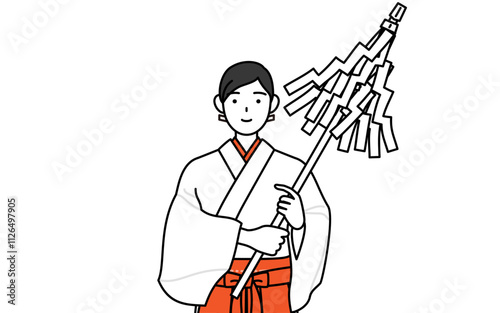 御祈祷する神社の巫女、白衣と緋袴