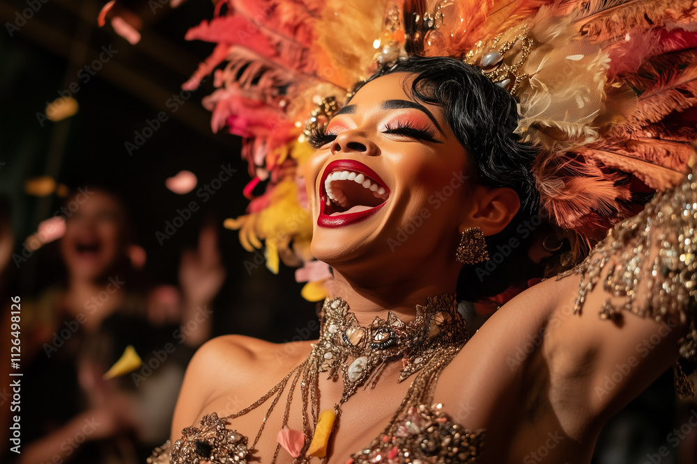 A woman in a costume with a big smile on her face A woman in a costume with a big smile on her face