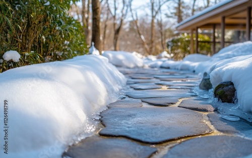 Winter Wonderland Path in a Japanese Garden with Snow and Ice photo