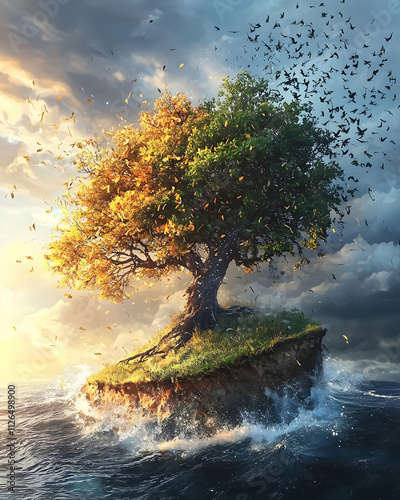 Tree of Seasons: Island, Ocean, Birds, Leaves, Wind, Change, Nature, Fantasy, Surreal, Art photo