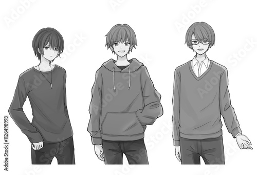 男の子の立ち絵3点セット(モノクロ)