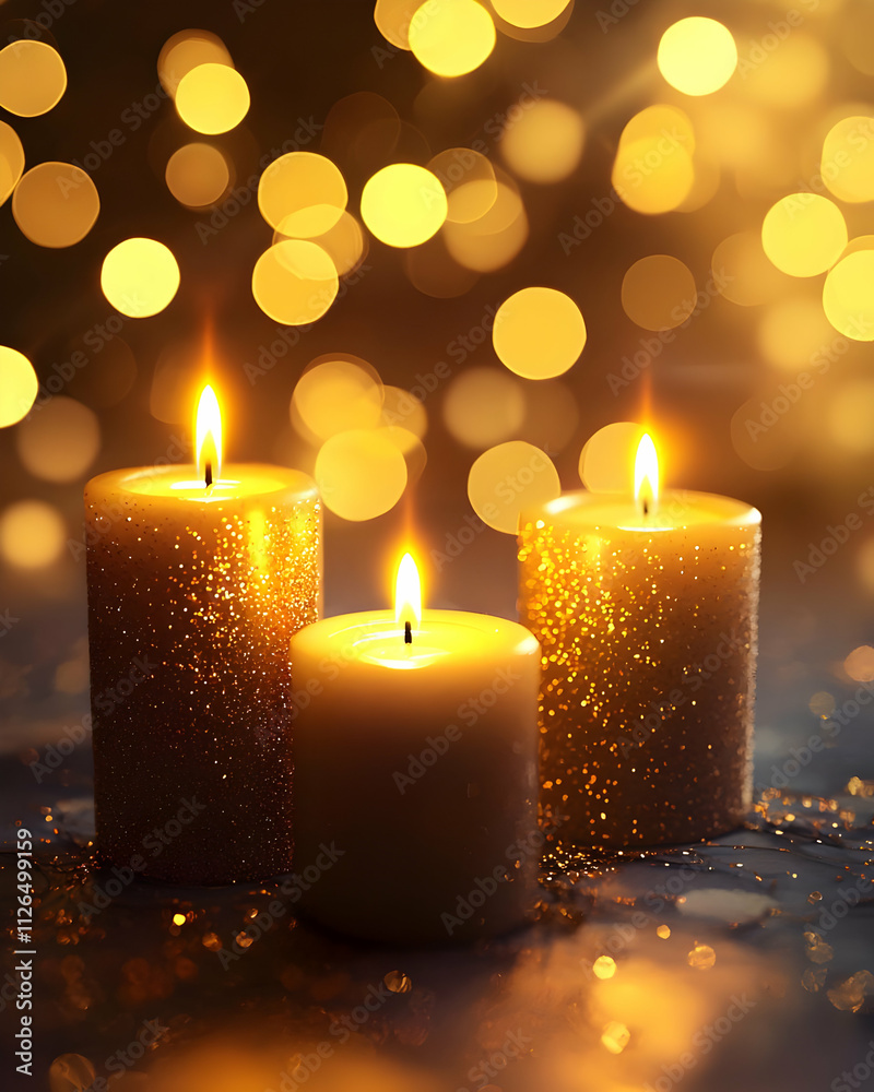 Golden Candles Glow Brightly, Illuminating Tranquil Night, Festive Sparkle. Golden Candles Glow Brightly, Illuminating Tranquil Night, Festive Sparkle.