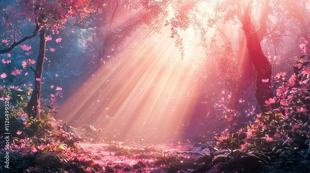Fototapeta premium Enchanting Abstract Landscape with Glowing Pink Tone and Sunlight Rays in Lush Forest