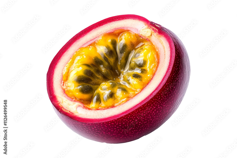Whole and halved yellow passion fruit with vibrant seeds, green leaves, isolated on white transparent background. Whole and halved yellow passion fruit with vibrant seeds, green leaves, isolated on white transparent background.