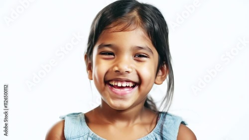 Close-Up of a Realistic Asaian Kid Laughing with White Background photo