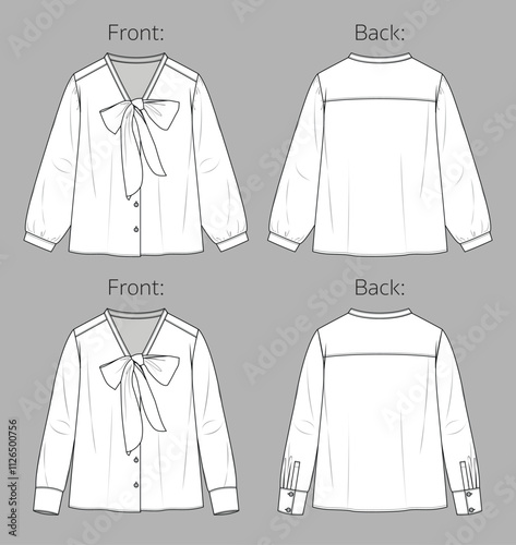 Woman V neck blouse with gathering detail fashion CAD, long balloon sleeved shirt with bow sketch, technical drawing, flat, template. Jersey or woven fabric blouse with front, back view, white color