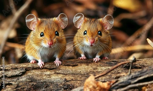 Two Adorable Harvest Mice Perched on a Rustic Log