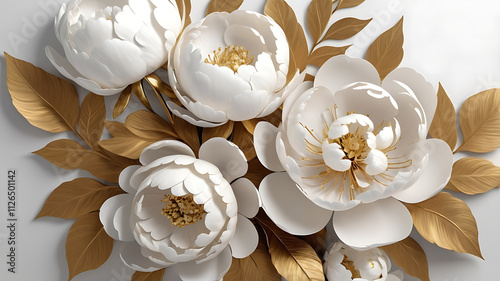 Beautiful flower art for interiors 3D designs with white peonies and gold color embellishments design.