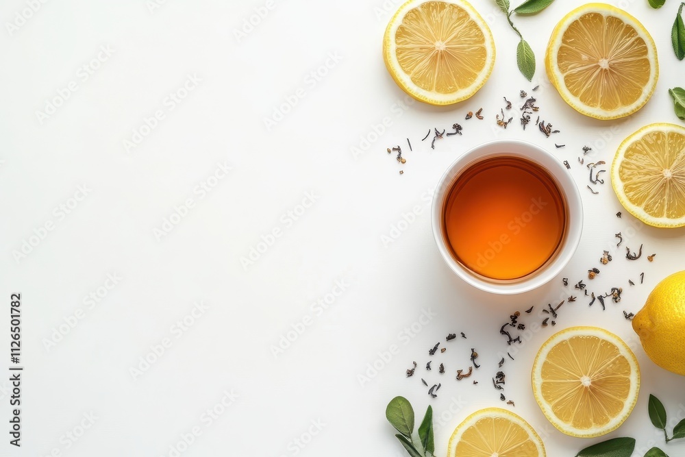 Refreshing tea with lemon slices and herbs arranged aesthetically on a white background Refreshing tea with lemon slices and herbs arranged aesthetically on a white background