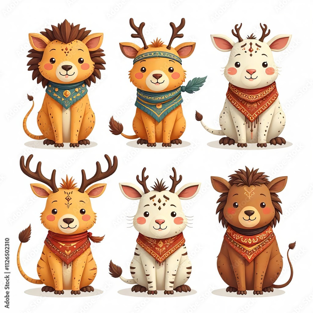 Obraz premium Cute Cartoon Animals with Tribal Bandanas