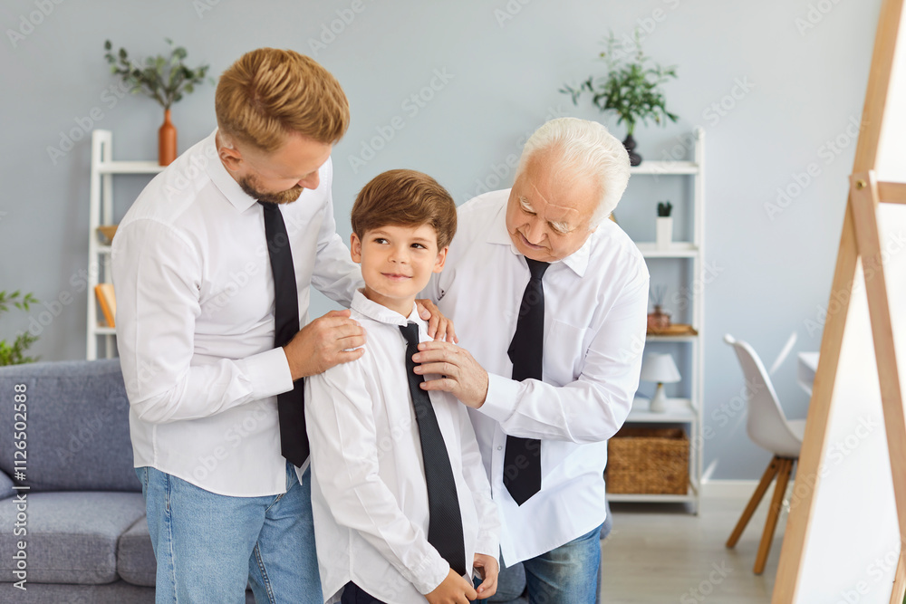 Obraz premium Father, son, and grandfather dress up together and look in the mirror at home on Father Day. They celebrate as a family, sharing this special moment with dad, bonding and enjoying the day together.