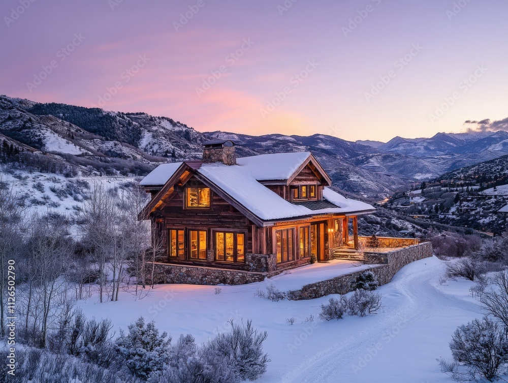 Fototapeta premium cozy mountain cabin in winter landscape at sunset