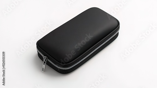 Black zippered pouch isolated on white background.