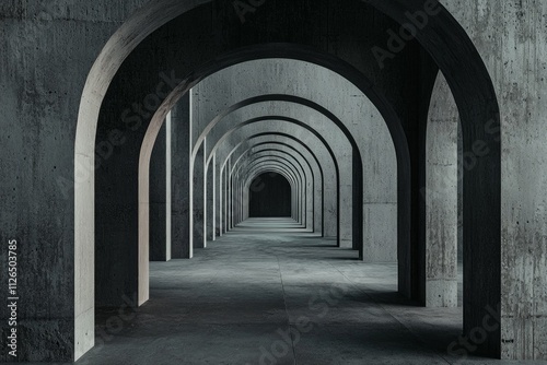 A minimalist, dark gray background with an architectural structure made of concrete arches, in a cinematic style