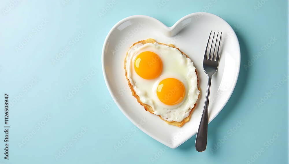 heart shaped plate with fried eggs on a blue background, Minimalist breakfast, Valentines Day meal, Love themed food photography heart shaped plate with fried eggs on a blue background, Minimalist breakfast, Valentines Day meal, Love themed food photography