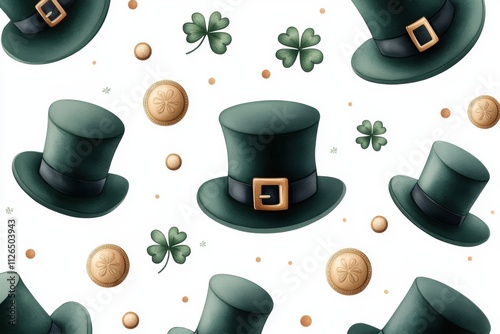 st patricks day illustration, delightful watercolor pattern for st patricks day featuring green hats, clover leaves, and gold coins on a white canvas