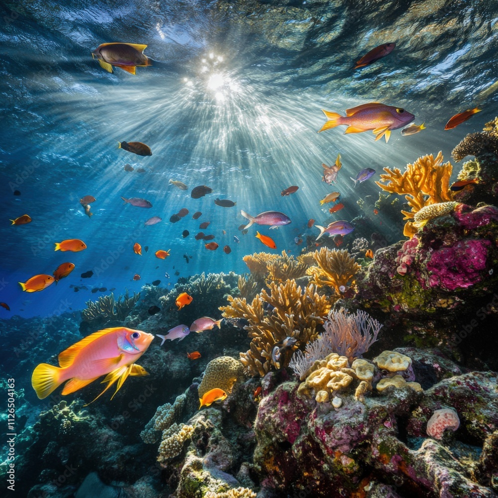 Naklejka premium vibrant underwater scene with colorful coral and tropical fish