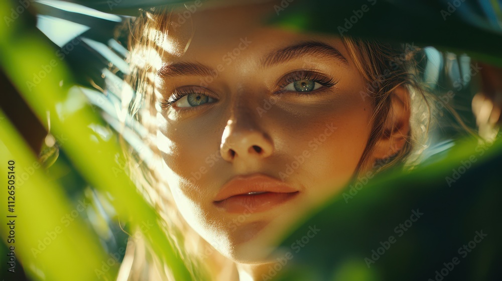 beautiful girl among palm leaves in the tropics. young woman with Make-up in jungle beautiful girl among palm leaves in the tropics. young woman with Make-up in jungle