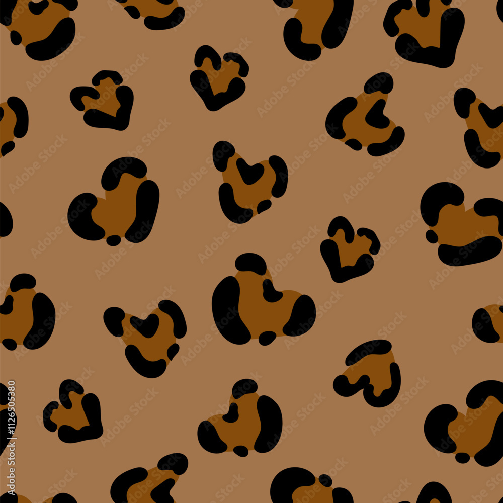 Cute leopard spots heart seamless pattern. Vector hand drawn dark brown animal leo skin print. Safari spotted texture background for fashion love print, fabric, textile, Valentines day backgrounds.