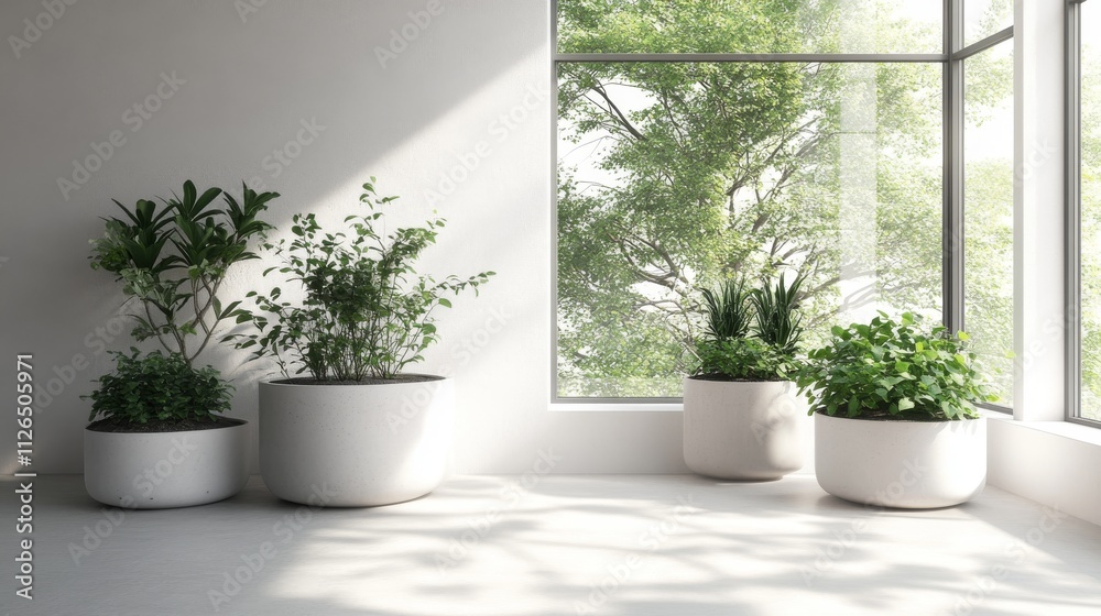 Contemporary indoor garden scene, white concrete planters, assorted houseplants, bright window lighting, clean white walls, minimal home decor, natural shadows, architectural interior Contemporary indoor garden scene, white concrete planters, assorted houseplants, bright window lighting, clean white walls, minimal home decor, natural shadows, architectural interior