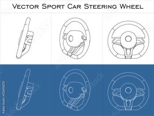 vector Car Steering wheel line technical drawing set. blueprint wireframe outline Automobile steer wheel isolated on transparent background