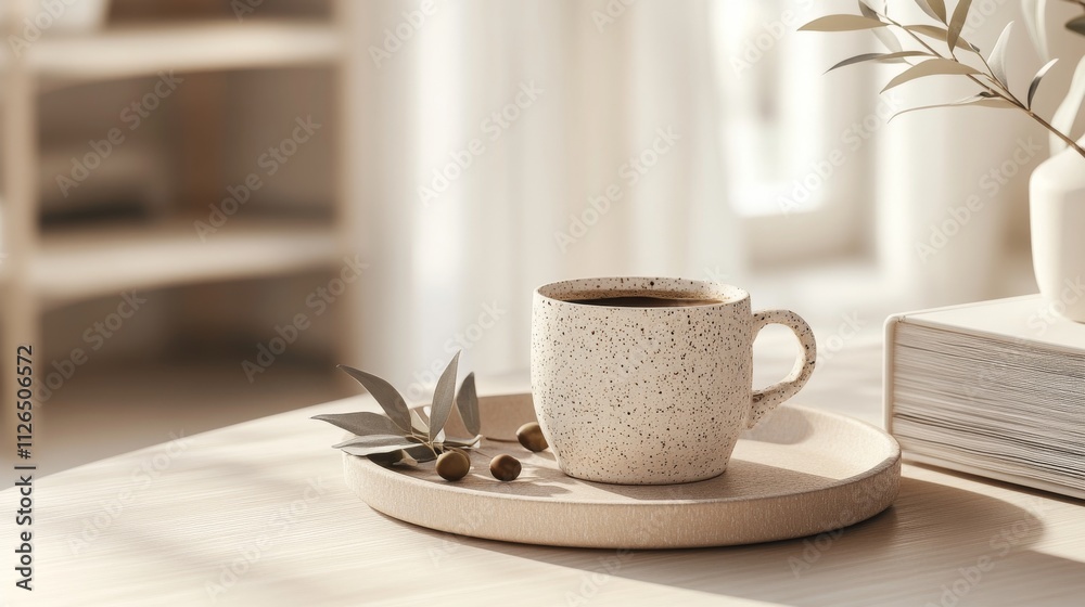 contemporary scandi morning scene, light oak table, textured beige pottery, fresh olive sprigs, artisan coffee cup on ceramic plate, vintage book collection, clean white corner space, natural contemporary scandi morning scene, light oak table, textured beige pottery, fresh olive sprigs, artisan coffee cup on ceramic plate, vintage book collection, clean white corner space, natural