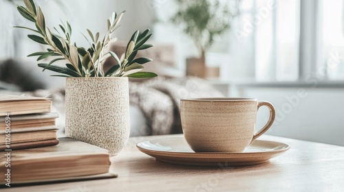 contemporary scandi morning scene, light oak table, textured beige pottery, fresh olive sprigs, artisan coffee cup on ceramic plate, vintage book collection, clean white corner space, natural