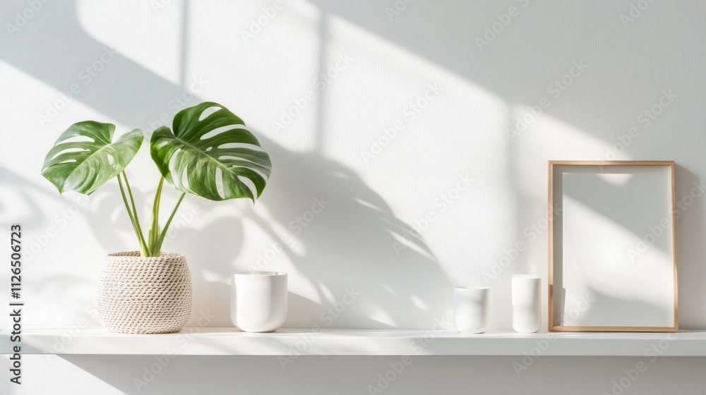 Fototapeta premium Contemporary shelf arrangement, verdant monstera in natural fiber pot, pale wood frame layout, white modern ceramics, airy composition, gentle shadows, light gray backdrop, minimalist home photography