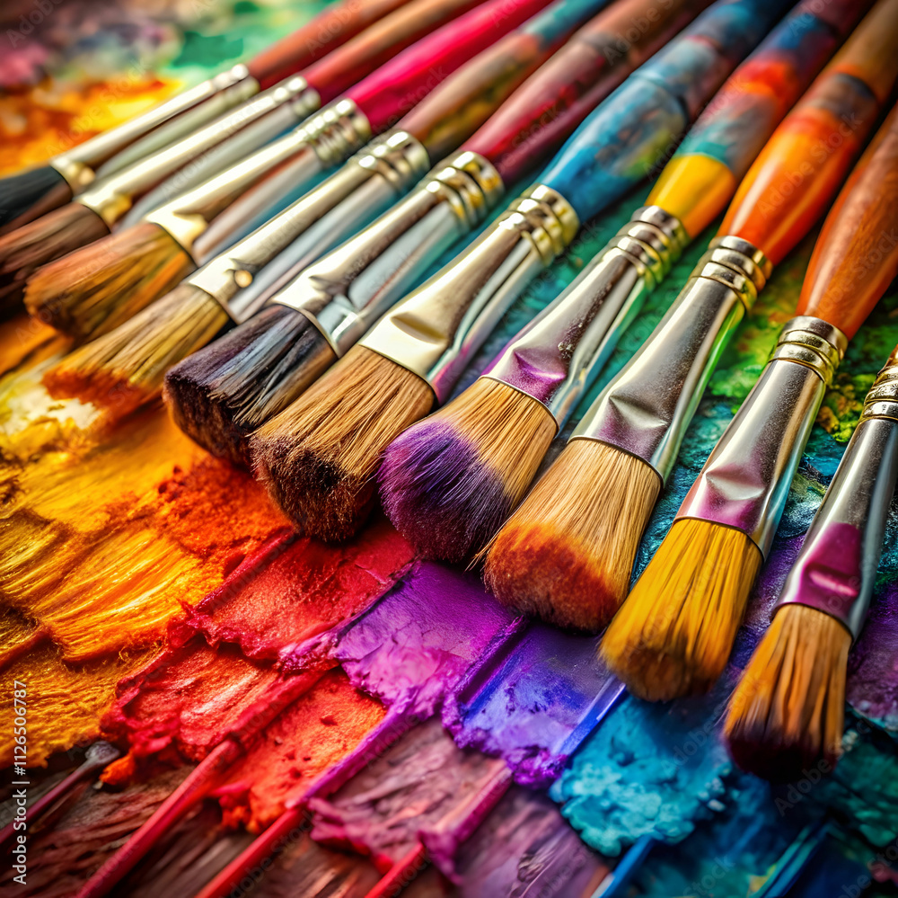 A vibrant arrangement of paintbrushes dipped in bright color A vibrant arrangement of paintbrushes dipped in bright color
