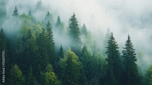 Misty Forest Landscape with Towering Pines and Enveloping Fog