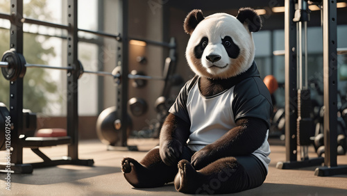 A buff panda in a gym, ready to lift weights. This humorous image combines the unexpected with fitness and humor. photo