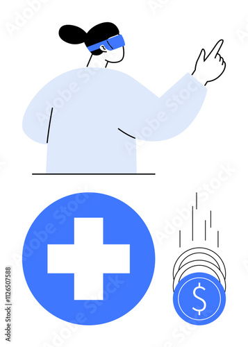 Woman wearing VR headset pointing, healthcare symbol, and falling coins. Ideal for innovation, healthcare, finance, technology, digital transformation virtual reality user interaction. Line