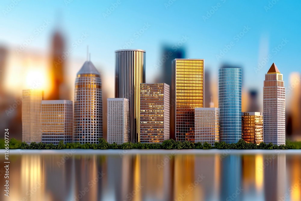 Obraz premium City skyline at sunset urban architecture modern skyscrapers reflective water aesthetic viewpoint urban landscape photography