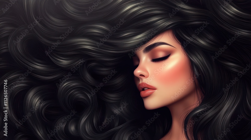 Beauty brunette girl with long and shiny wavy black hair . Beautiful woman model with curly hairstyle