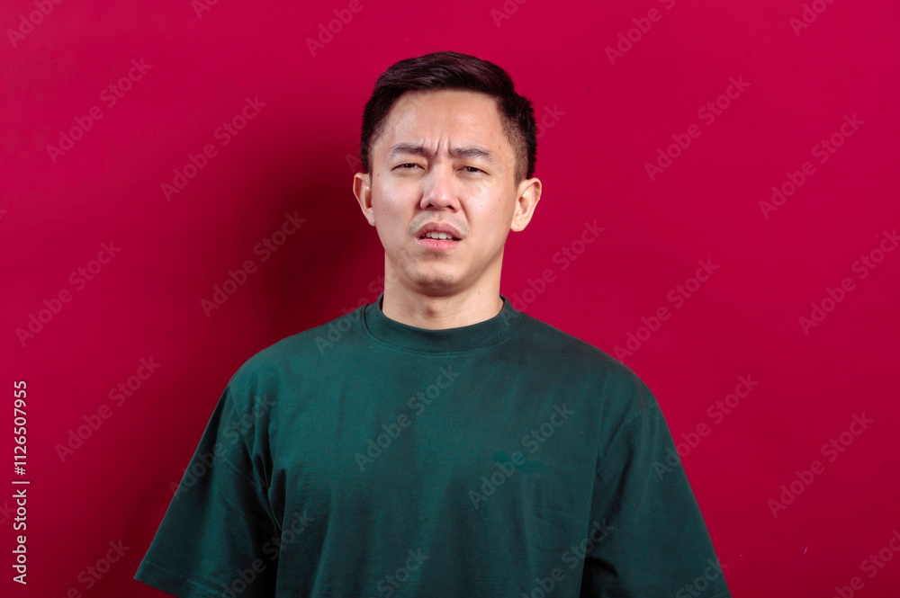 Fototapeta premium Asian man in a green T-shirt displaying a confused and slightly disgusted expression against a vibrant red background, conveying uncertainty, disapproval, or perplexity in a relatable manner