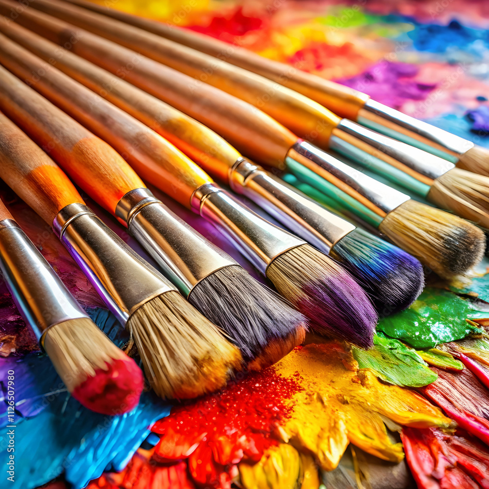 A vibrant arrangement of paintbrushes dipped in bright color A vibrant arrangement of paintbrushes dipped in bright color