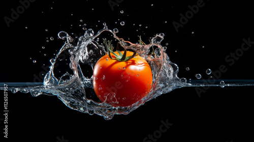 A single tomato photo, with water splashing around it, black background. photo