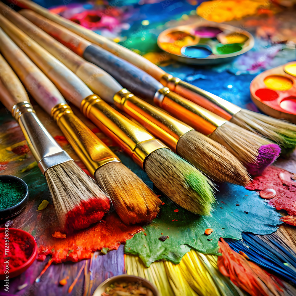 Fototapeta premium Brightly colored paintbrushes are dipped in vivid hues and laid out