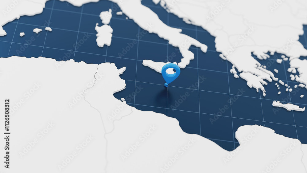 Obraz premium Blue Malta 3d map with pointer pin surrounded with other countries in white. Europe political map with borders. 3d render illustration
